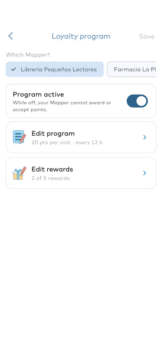 The MaterMap app: where a Mapper sets up its loyalty programme.