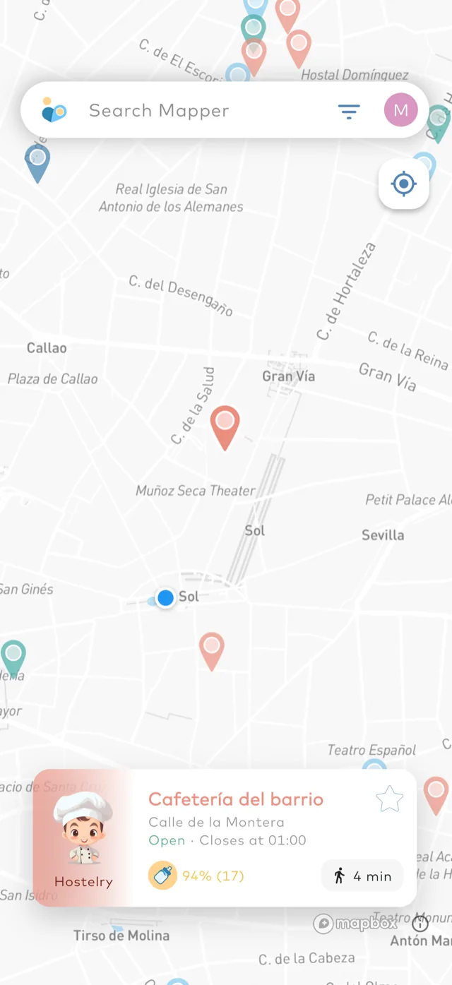The MaterMap app: the card of an open café, a 4-minute walk away.