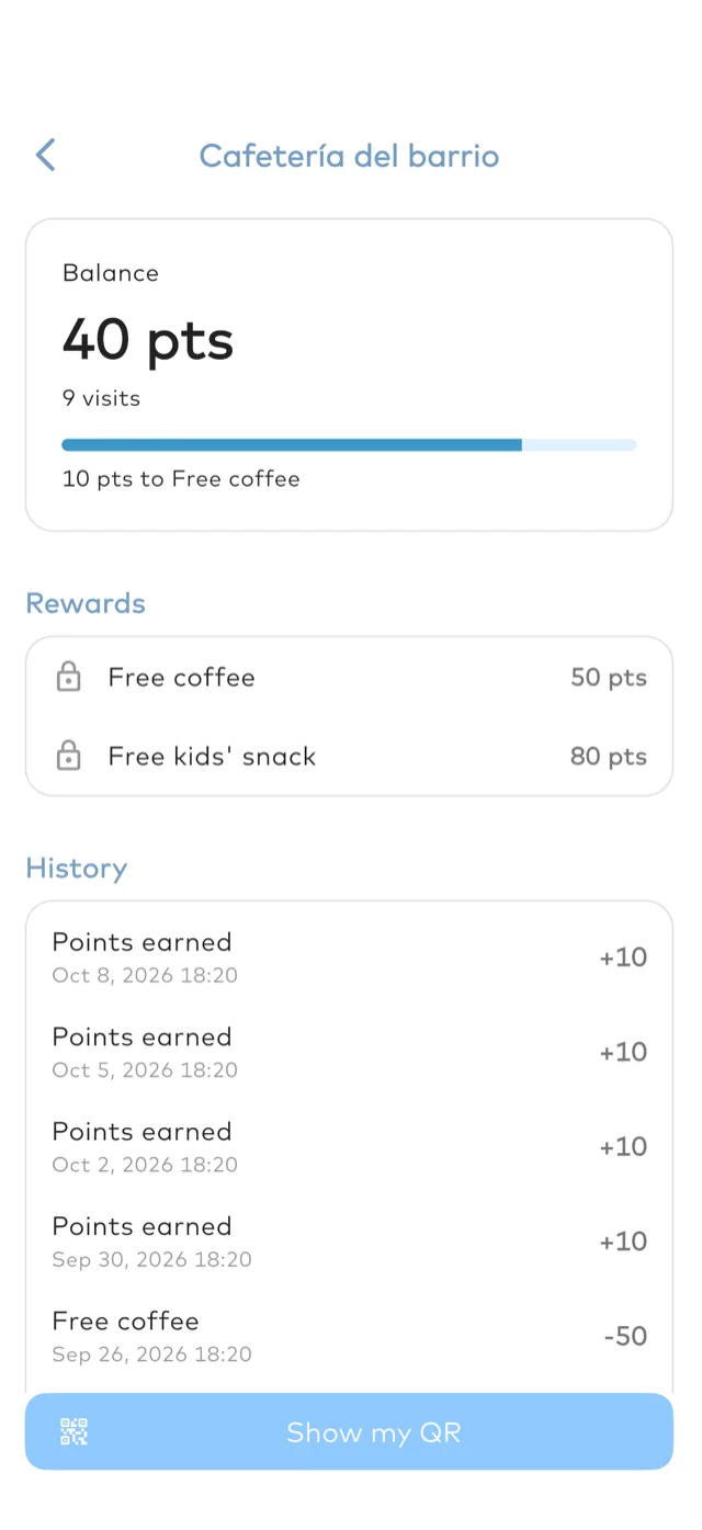 The MaterMap app: the points at a café, its rewards and history.